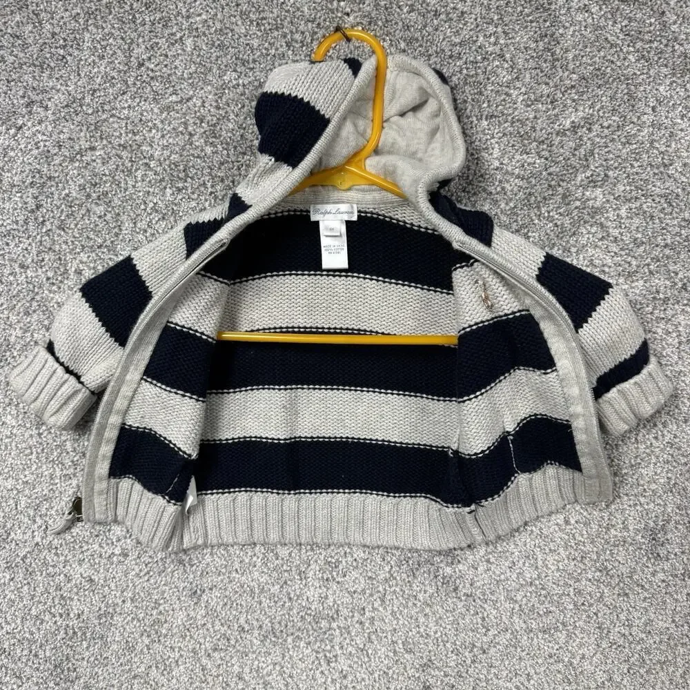 Ralph Lauren Hooded Sweater 6 Month 100% Cotton Full Zip Chunky Knit Cozy Preppy